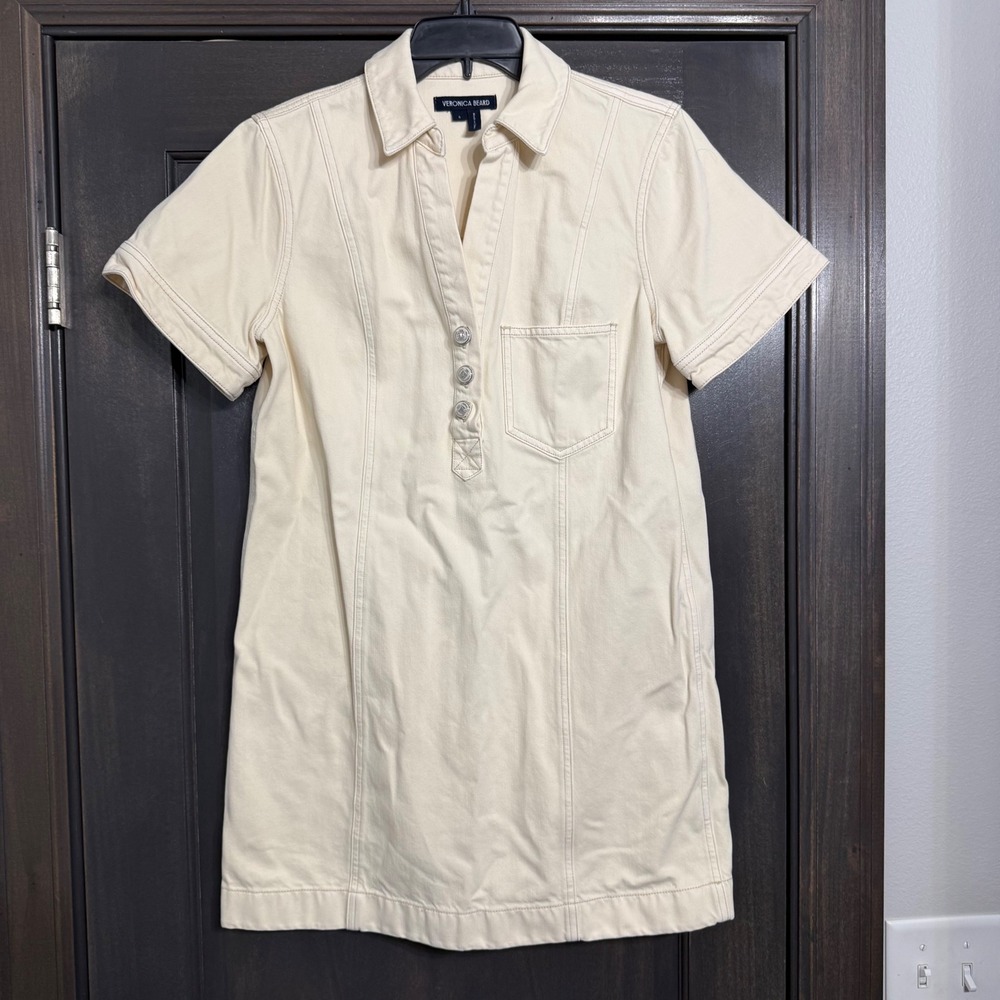 Veronica Beard Cream Denim Mini Dress Short Sleeve Crest Button Ecru Size 6